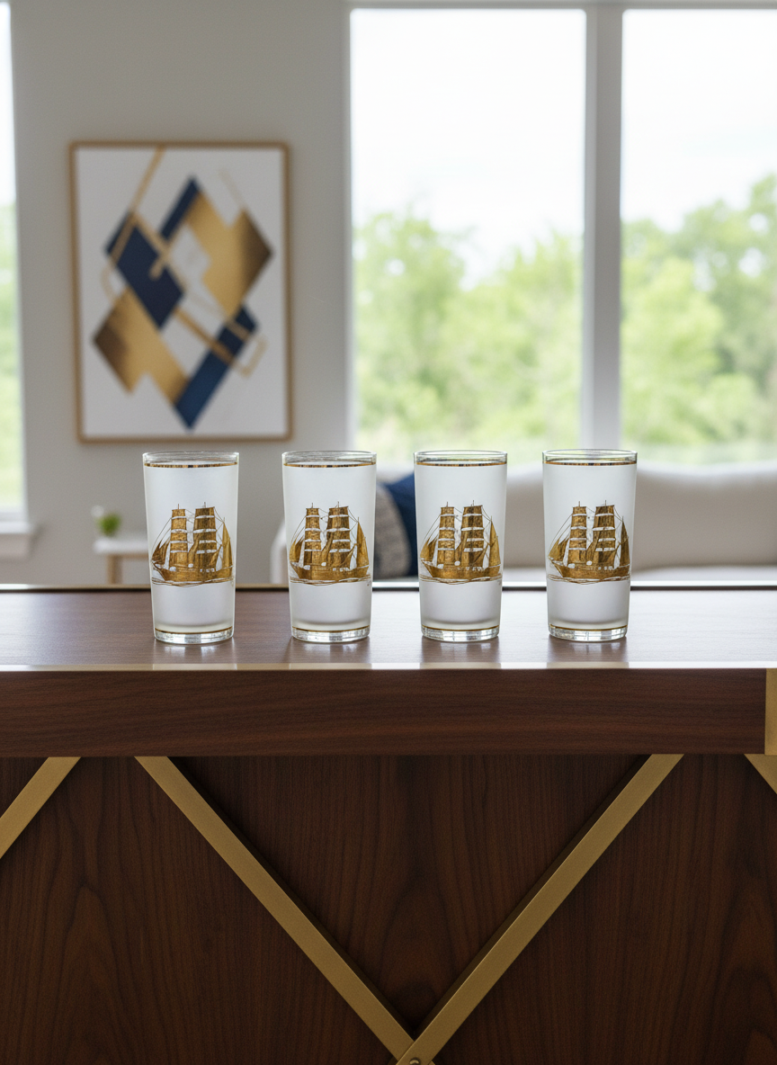 4 VINTAGE Culver Frosted Schooner Nautical Hi Ball Glass Barware 22kt Gold 8oz. 5.5"