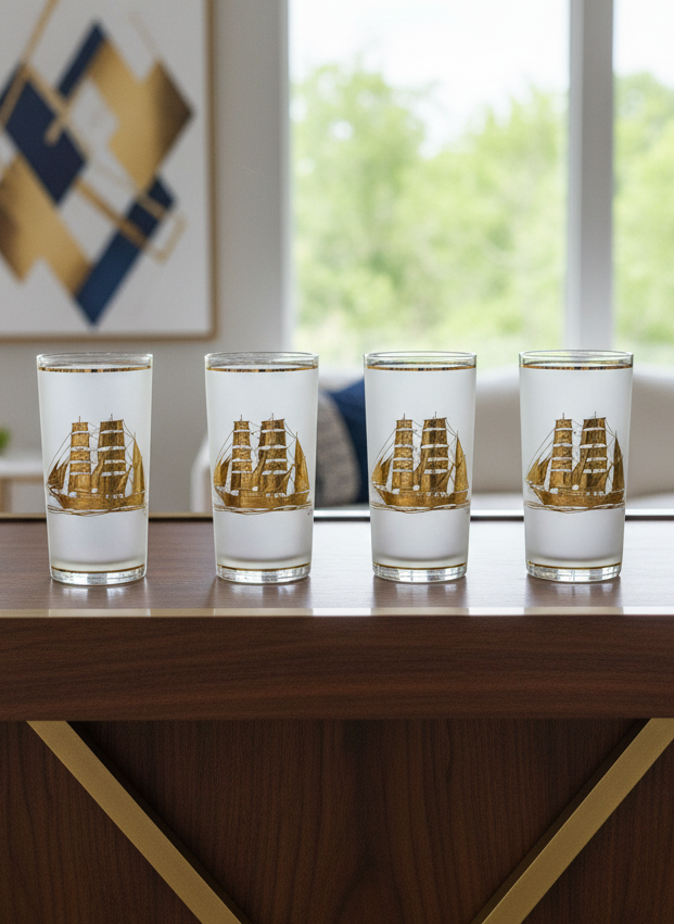 4 VINTAGE Culver Frosted Schooner Nautical Hi Ball Glass Barware 22kt Gold 8oz. 5.5"