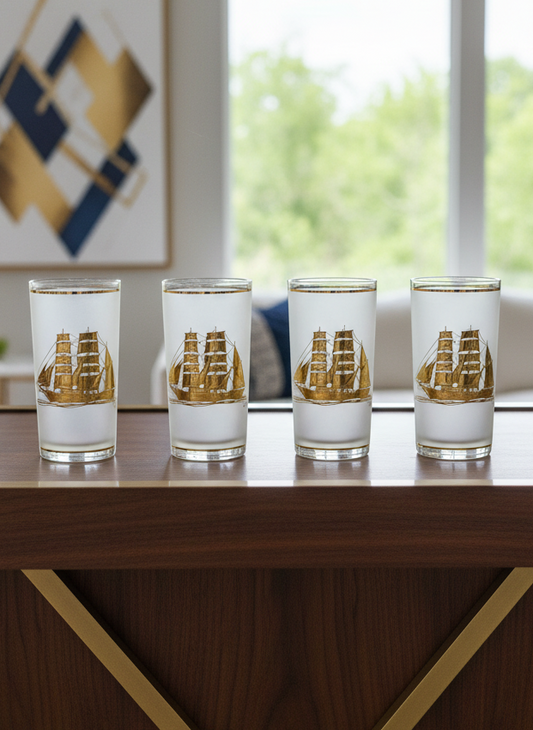 4 VINTAGE Culver Frosted Schooner Nautical Hi Ball Glass Barware 22kt Gold 8oz. 5.5"