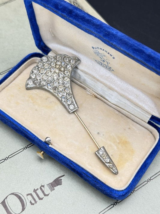 Classic Art Deco Lapel Pin Fan Shape Silvertone Rhinestones ESTATE FIND