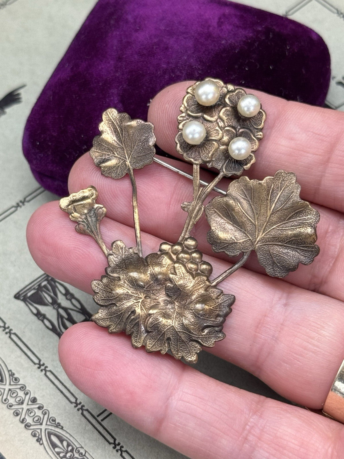 Vintage Art Nouveau Style Brooch Floral Design Faux Pearls