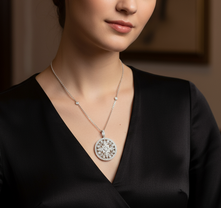 925 Silver Fleur De LIS Pendant Necklace Cubic Circonia Ca 19”long