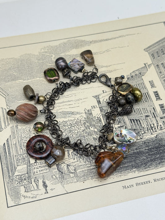 Vintage ANTIQUE Style Charm Bracelet Amber Glass Stone Wood Metal 7.5”