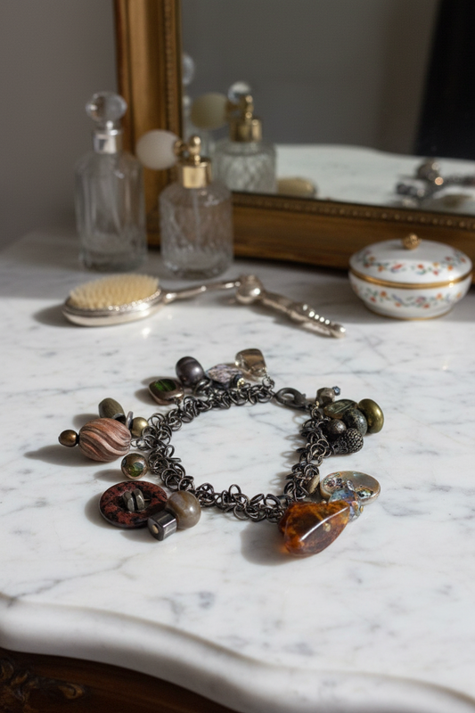 Vintage Charm Bracelet ANTIQUE Style Amber Glass Stone Wood Metal 7.5”