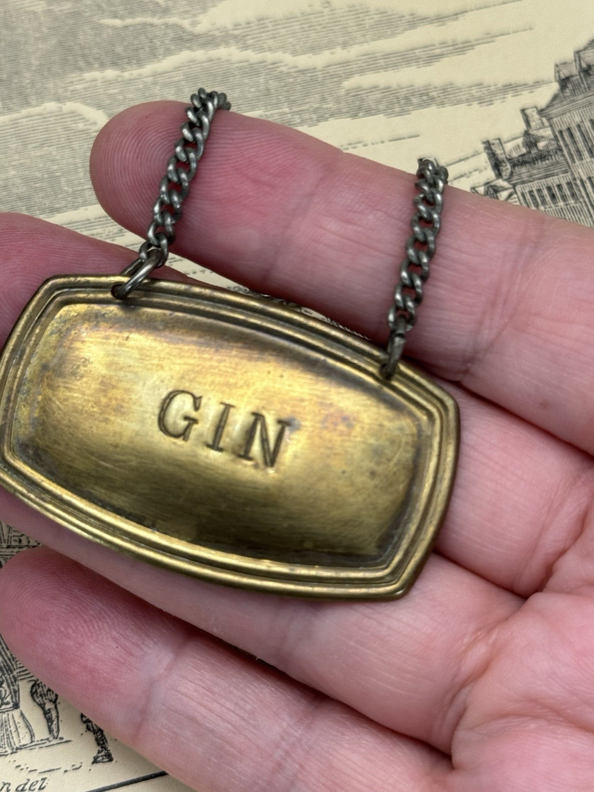 Vintage Brass Bottle TAG “GIN” Signed England