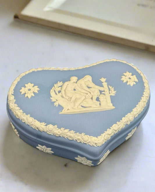 Vintage Wedgwood Blue Jasperware Heart Shaped Covered Trinket Box Neoclassical