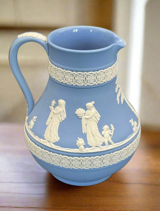 Vintage Blue Wedgwood Jasperware Neoclassical Scene 5" Pitcher SIGNED Wedgwood