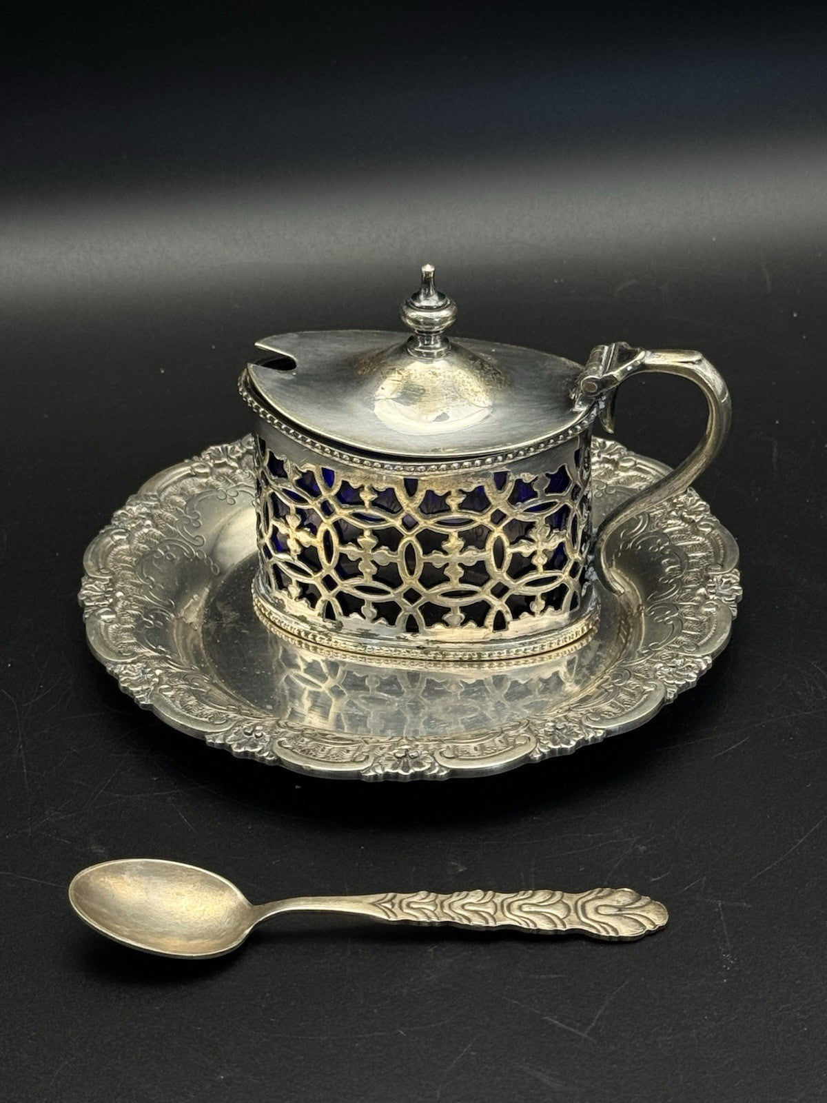 Silverplated English Mustard Pot Spoon & Tray Set ESTATE FIND