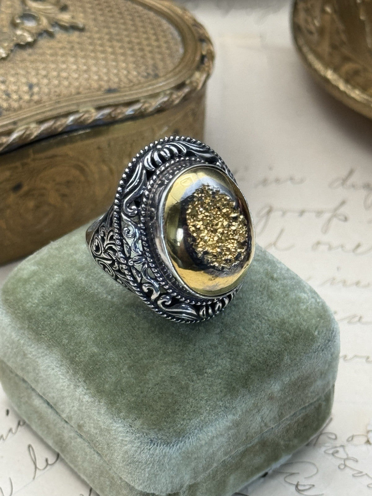 Vintage Sterling Golden Drusy Statement Ring Sz 7.5 ESTATE FIND