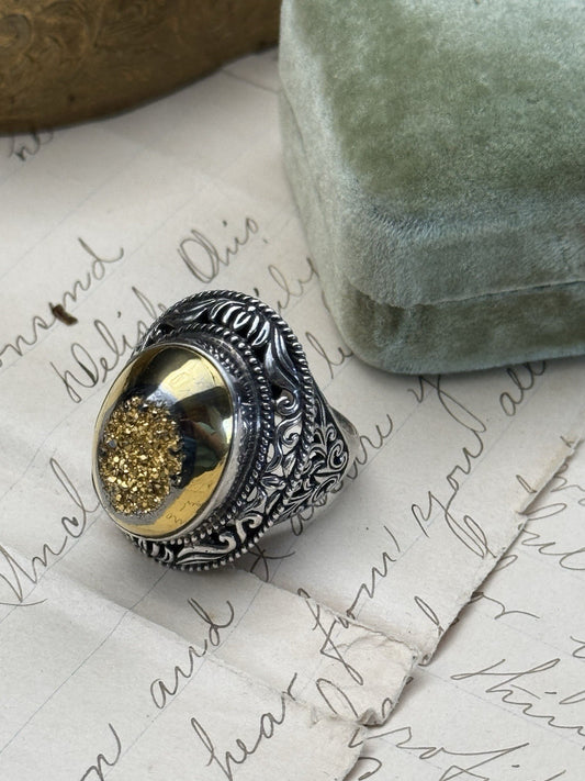 Vintage Sterling Golden Drusy Statement Ring Sz 7.5 ESTATE FIND
