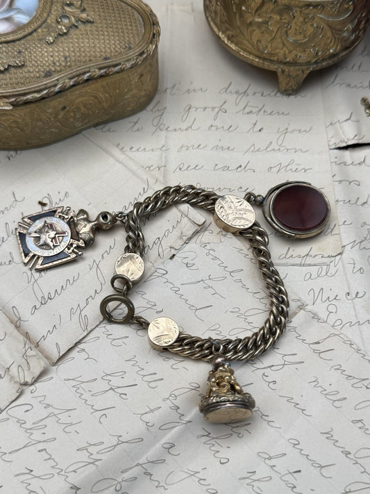 ANTIQUE CHUNKY Victorian Gold-Filled Slider 3 Fobs “1 Spinner” Bracelet 7.25”