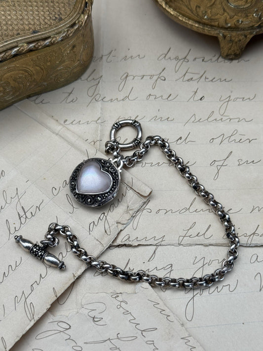 Sterling Heart Locket Mother Of Pearl Bracelet 7” Chain Toggle