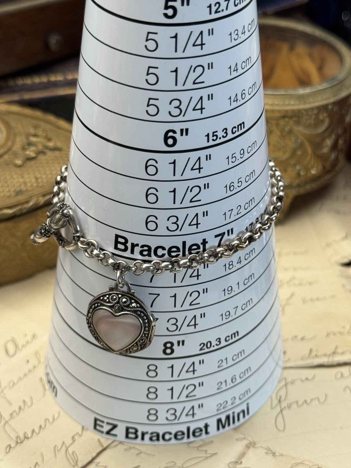 Sterling Heart Locket Mother Of Pearl Bracelet 7” Chain Toggle