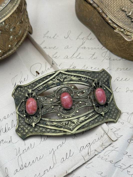Antique Edwardian Sash Brooch Coral Color Stones ESTATE FIND