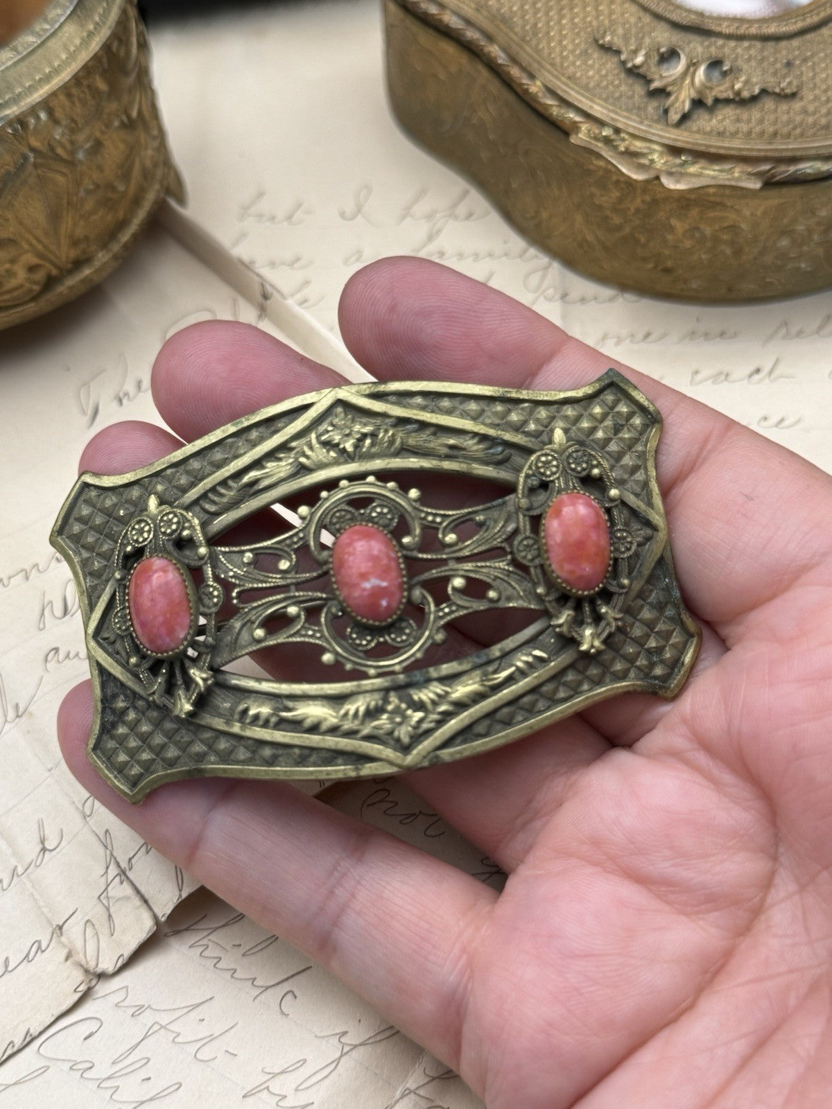Antique Edwardian Sash Brooch Coral Color Stones ESTATE FIND