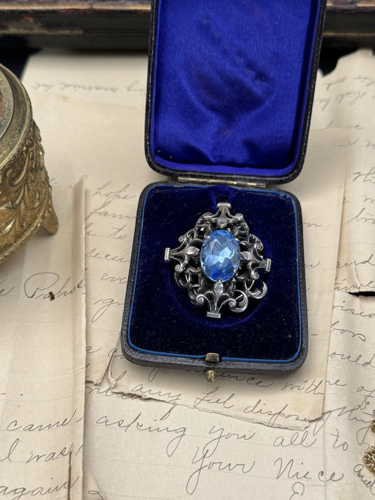 Antique French Fleur De Lys Brooch /Scraf Clip Blue Rhinestone