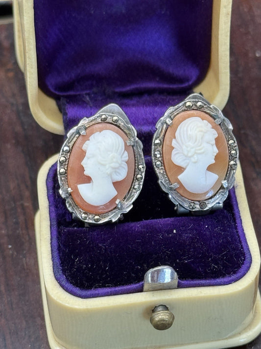 Antique Style Cameo Earrings 800 Silver Marcasite Clip-on ESTATE FIND
