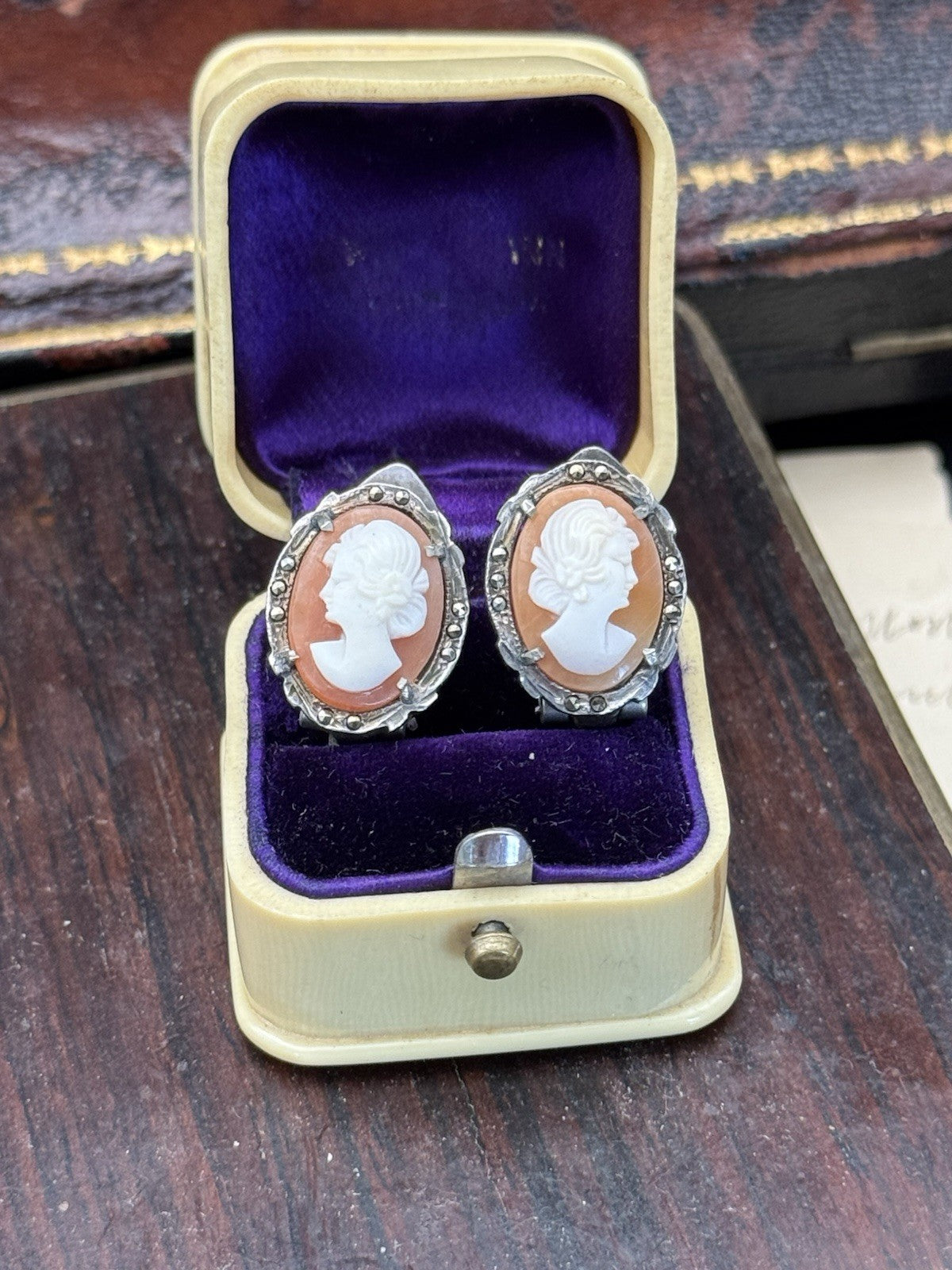 Antique Style Cameo Earrings 800 Silver Marcasite Clip-on ESTATE FIND