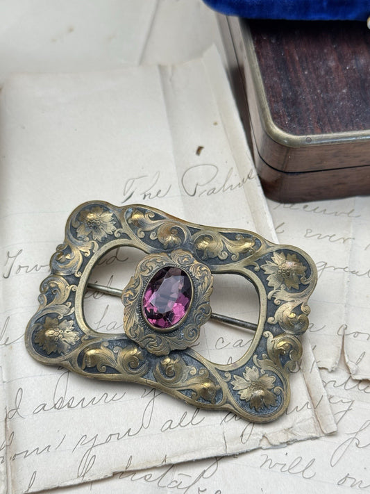 Art Nouveau Sash Brooch Embossed Goldtone Large Purple Rhinestone Buckle Pin