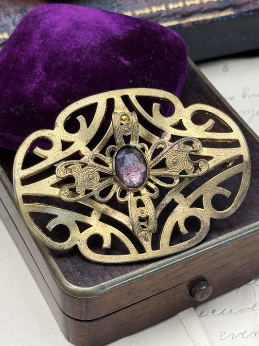 Art Nouveau Gilt Filigree Sash Brooch Purple Paste Buckle Antique Estate Find