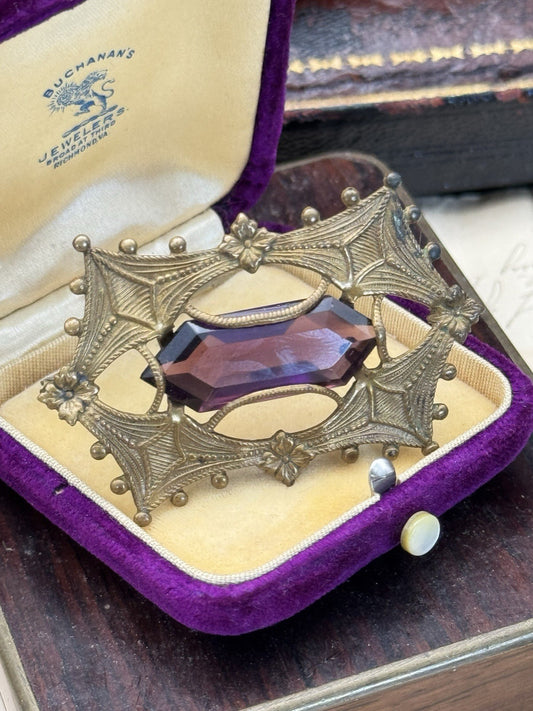 Art Nouveau Gilt Filigree Sash Brooch Purple Paste Buckle Antique Estate Find