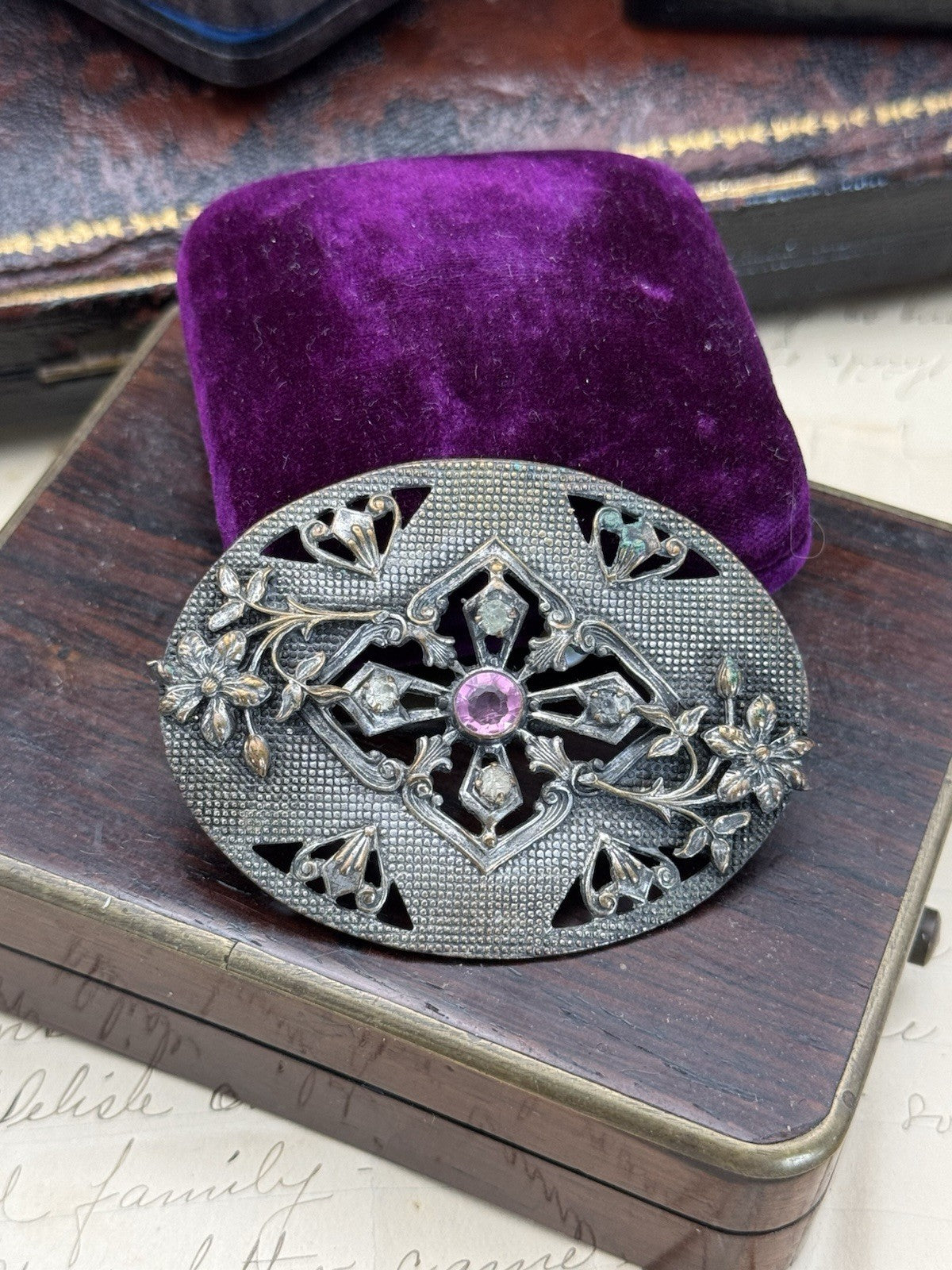 Art Nouveau Silvertone Floral Sash Brooch Pink Paste Buckle Antique