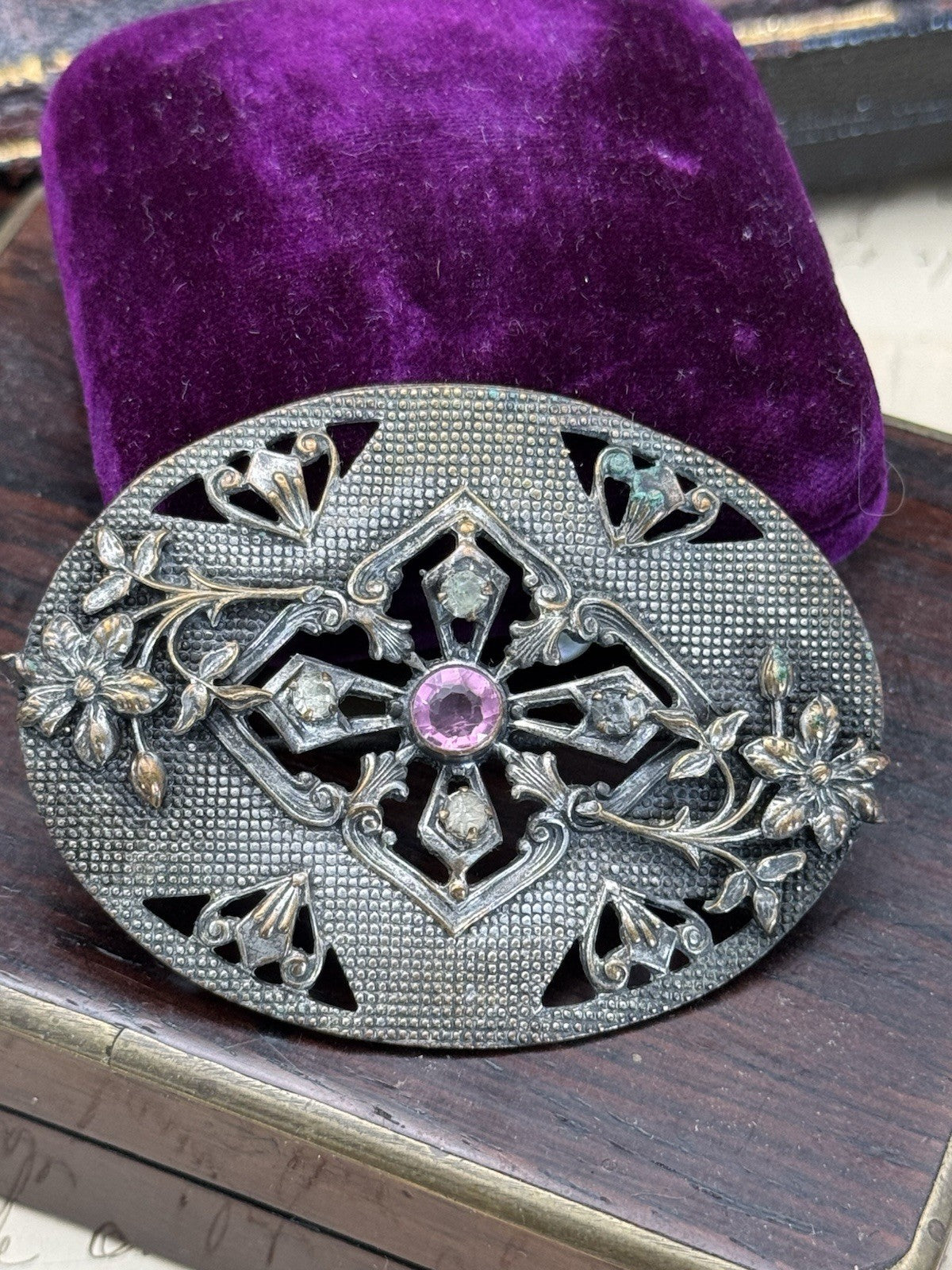Art Nouveau Silvertone Floral Sash Brooch Pink Paste Buckle Antique