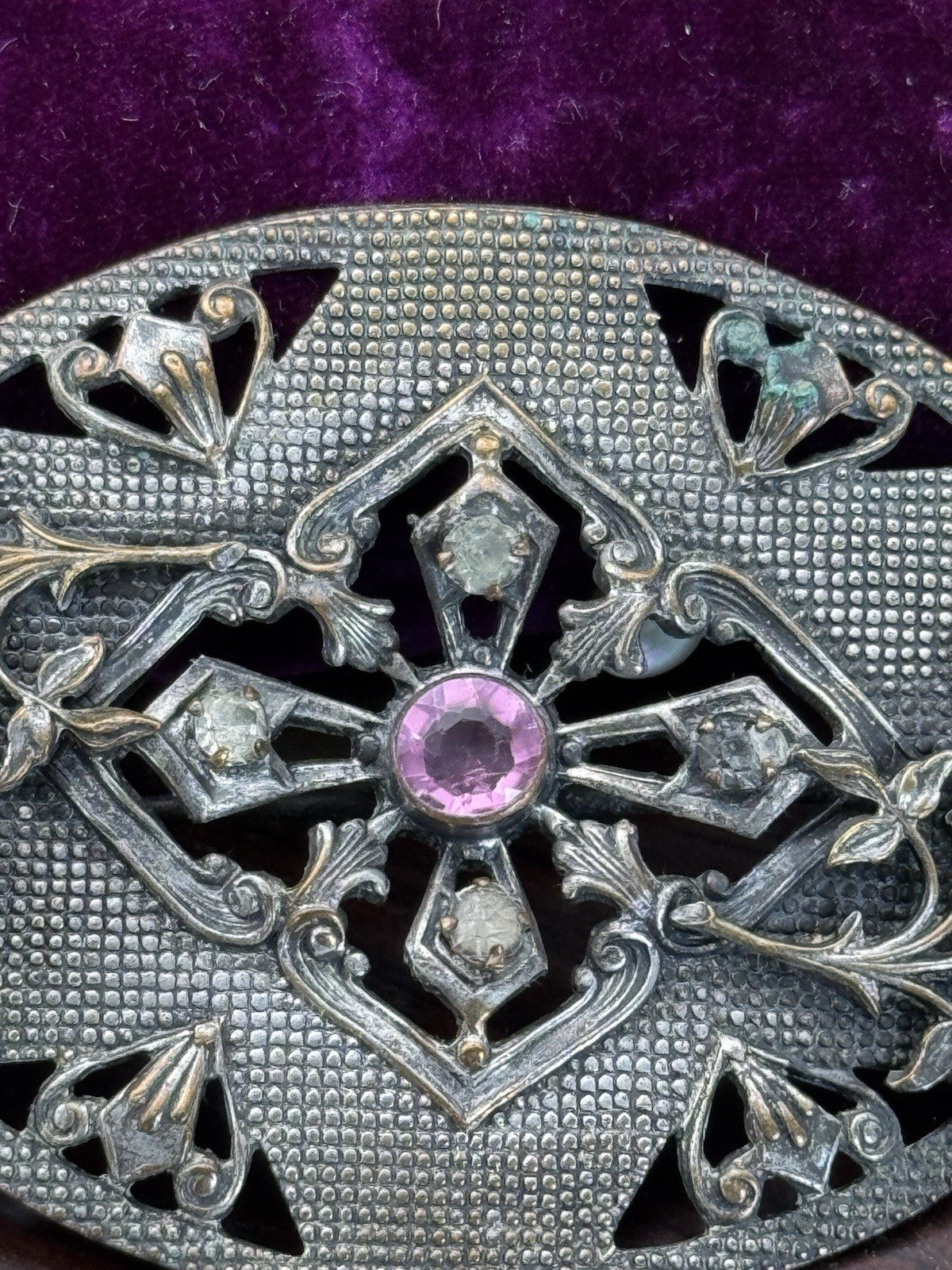 Art Nouveau Silvertone Floral Sash Brooch Pink Paste Buckle Antique