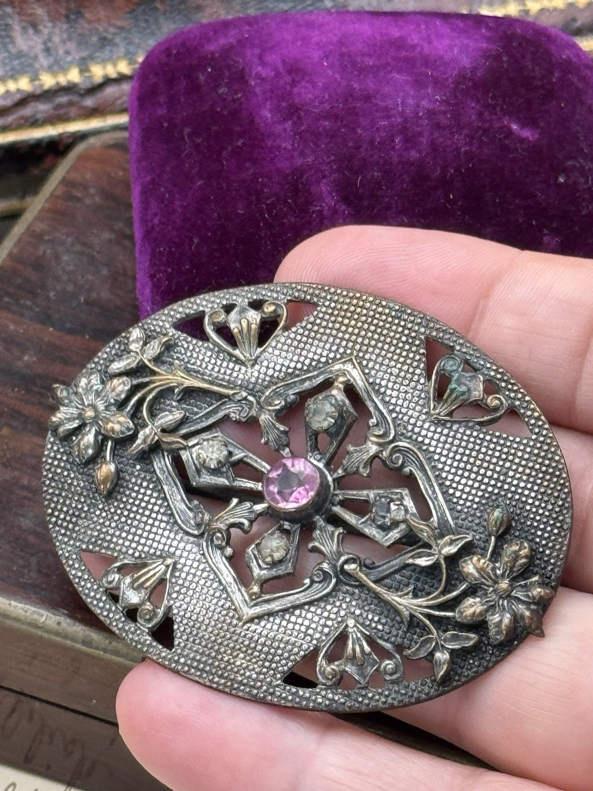 Art Nouveau Silvertone Floral Sash Brooch Pink Paste Buckle Antique
