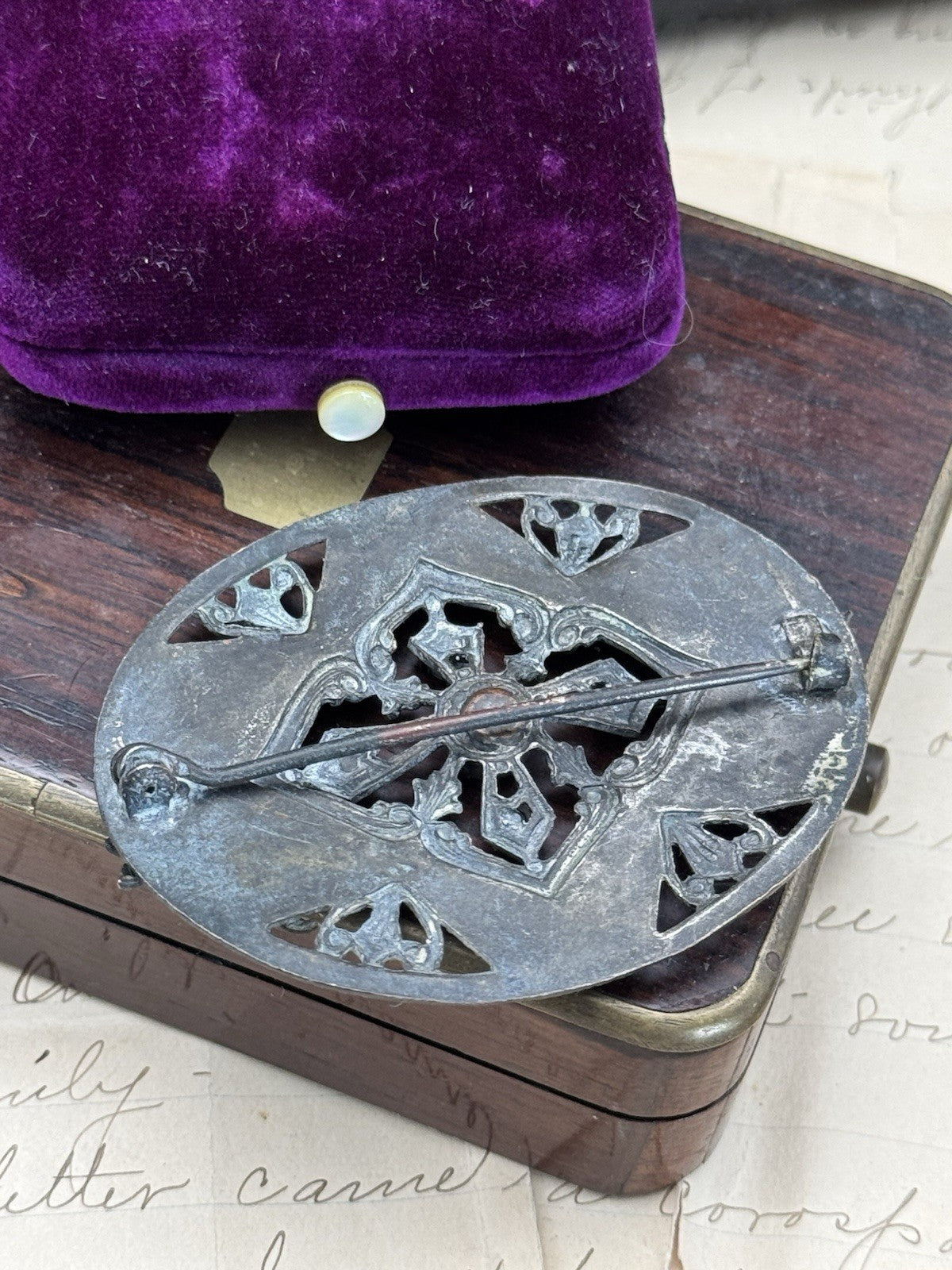 Art Nouveau Silvertone Floral Sash Brooch Pink Paste Buckle Antique