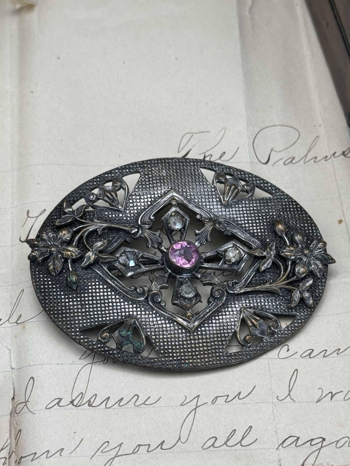 Art Nouveau Silvertone Floral Sash Brooch Pink Paste Buckle Antique