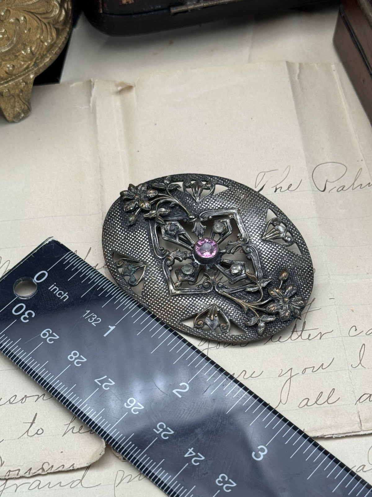 Art Nouveau Silvertone Floral Sash Brooch Pink Paste Buckle Antique