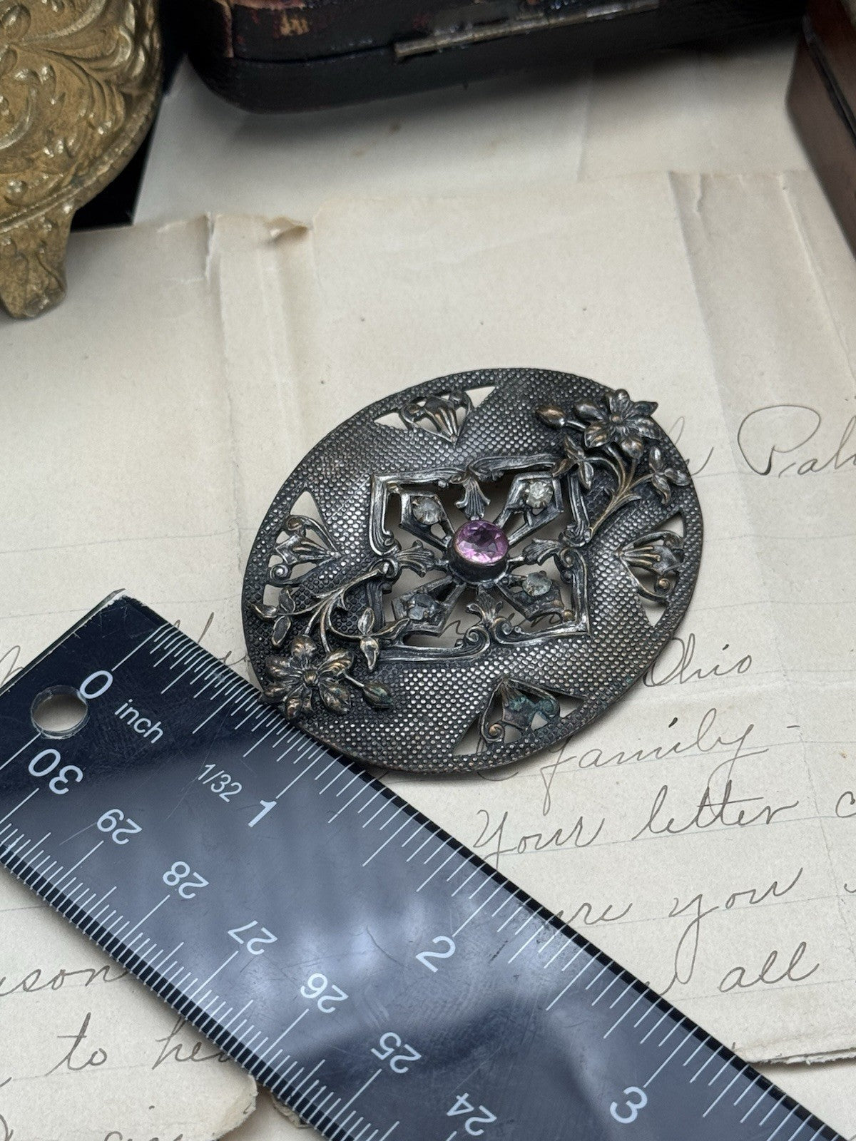 Art Nouveau Silvertone Floral Sash Brooch Pink Paste Buckle Antique
