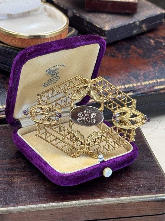Edwardian Gilt Filigree Sash Brooch Purple Clear Paste Buckle Antique w/ Mono