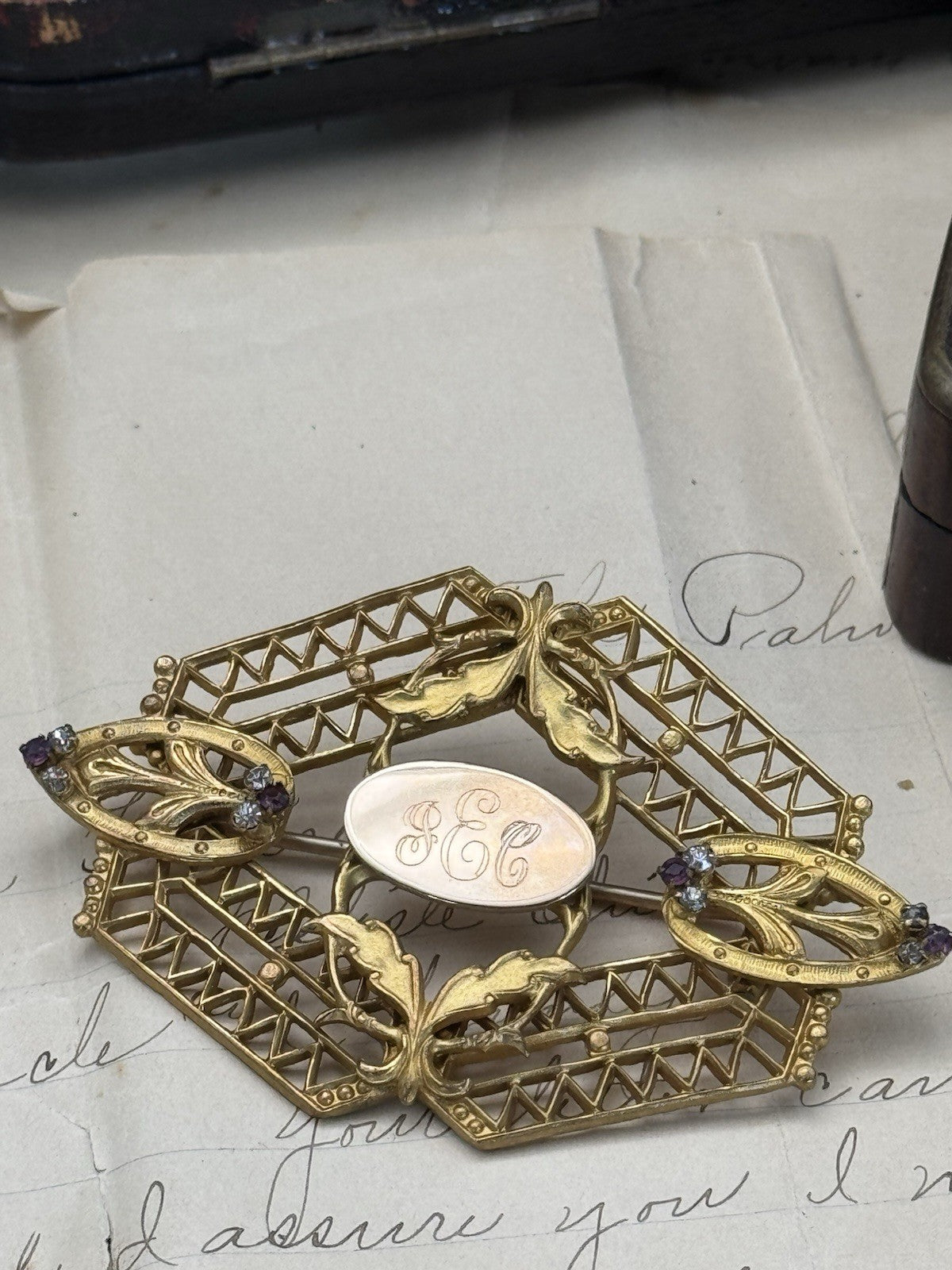 Edwardian Gilt Filigree Sash Brooch Purple Clear Paste Buckle Antique w/ Mono