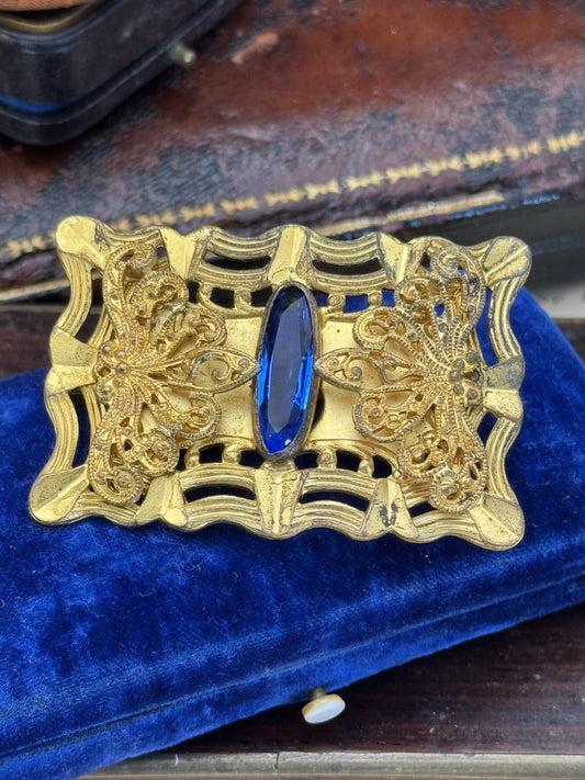 ANTIQUE Gilt Filigree Sash Brooch Large Blue Clear Paste Buckle ESTATE FIND