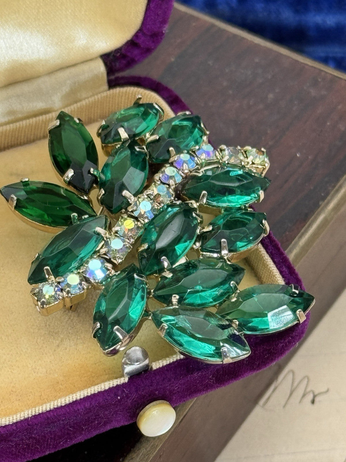 Vintage Green Rhinestone Brooch AB Accents ESTATE FIND