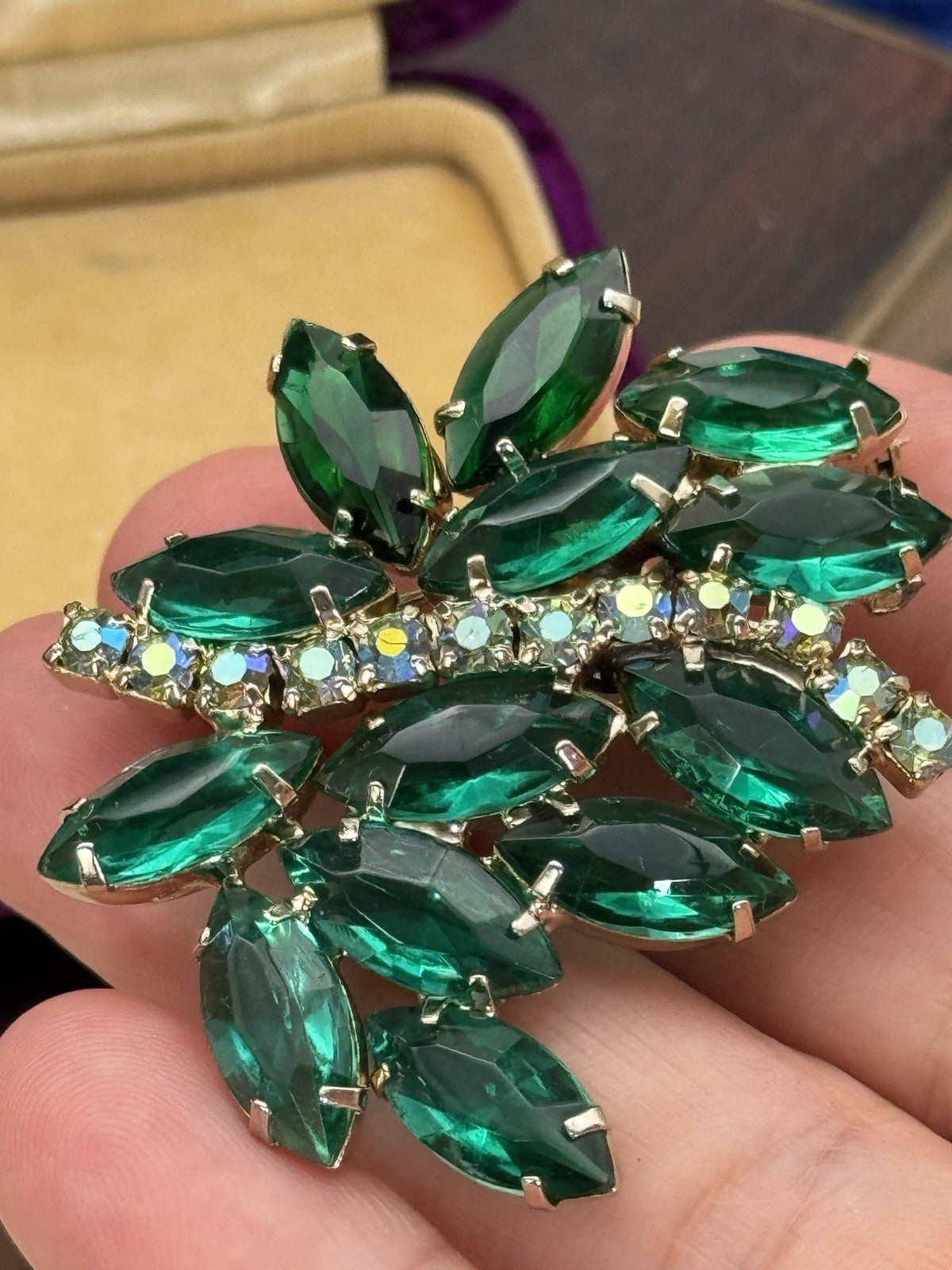 Vintage Green Rhinestone Brooch AB Accents ESTATE FIND