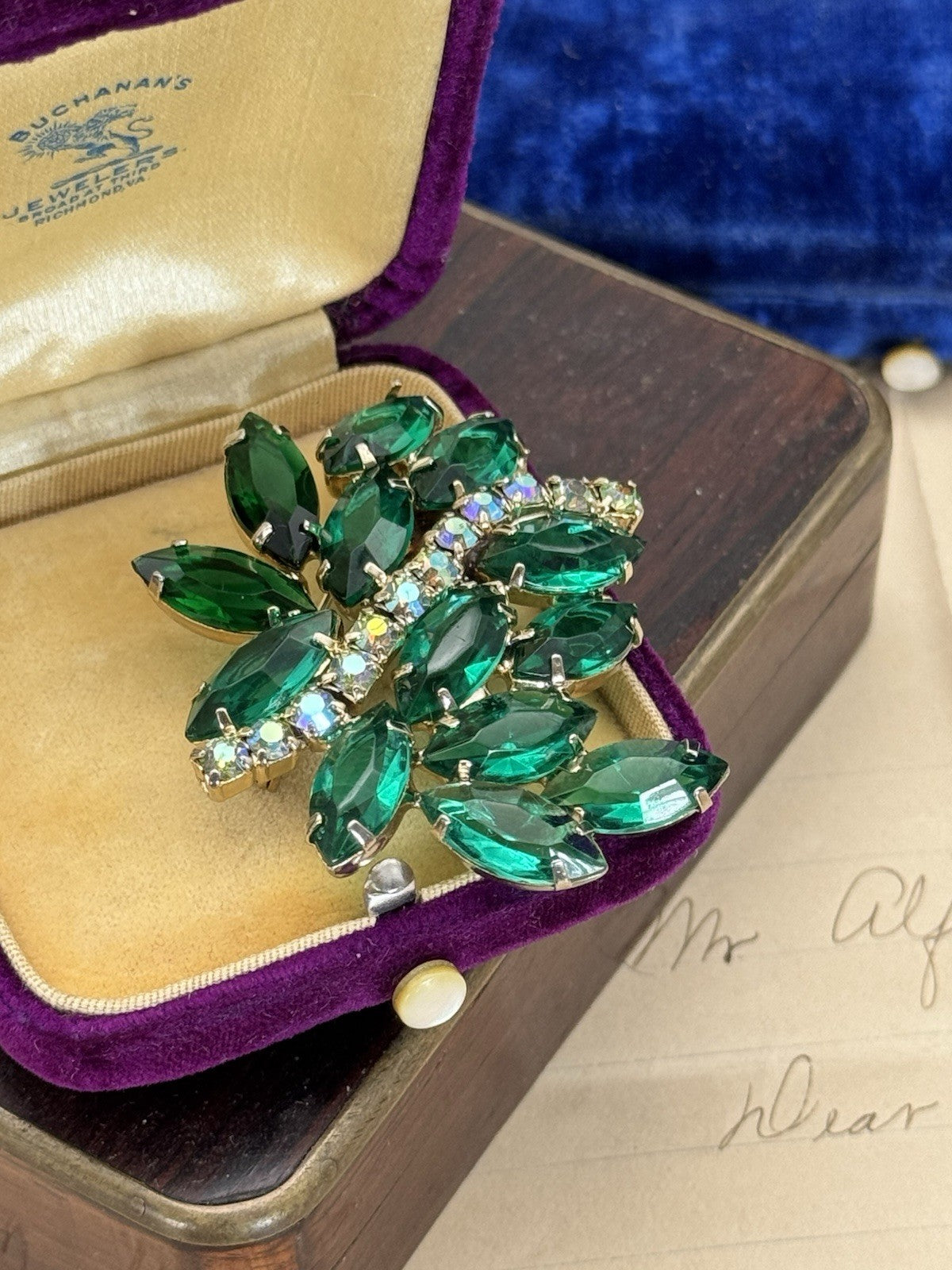 Vintage Green Rhinestone Brooch AB Accents ESTATE FIND