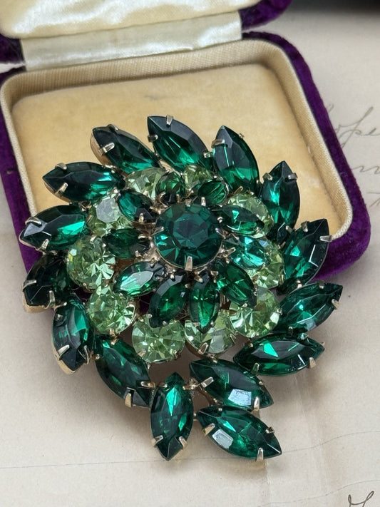 Large Pinwheel Brooch Green Rhinestones ESTATE BROOCH
