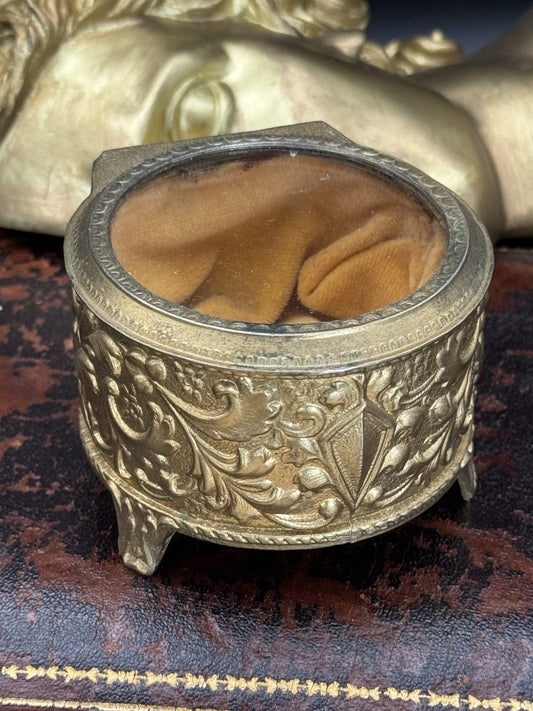 Vintage Gilt Jewelry Casket Glass Lid Velvet Lining ESTATE FIND