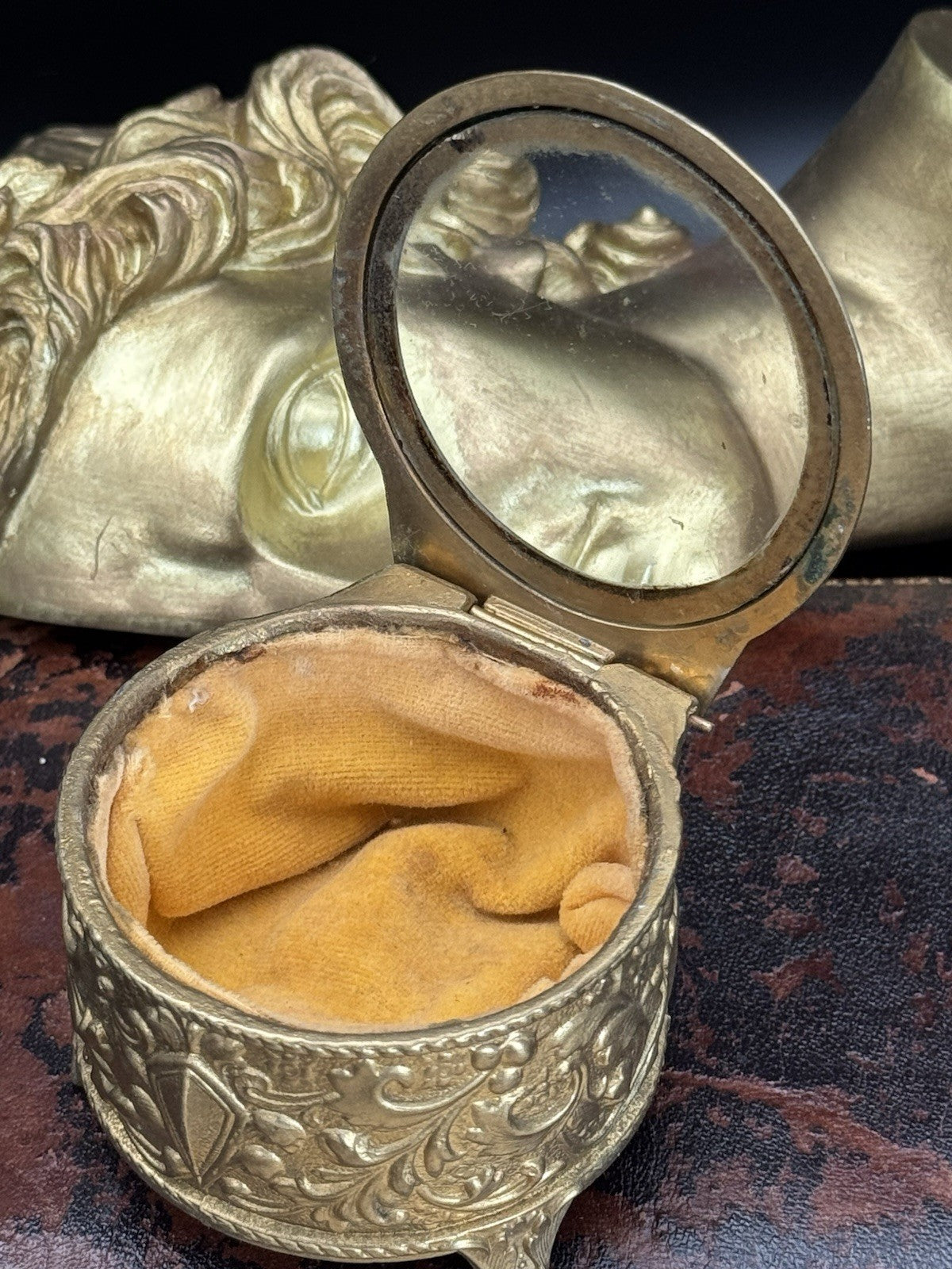 Vintage Gilt Jewelry Casket Glass Lid Velvet Lining ESTATE FIND