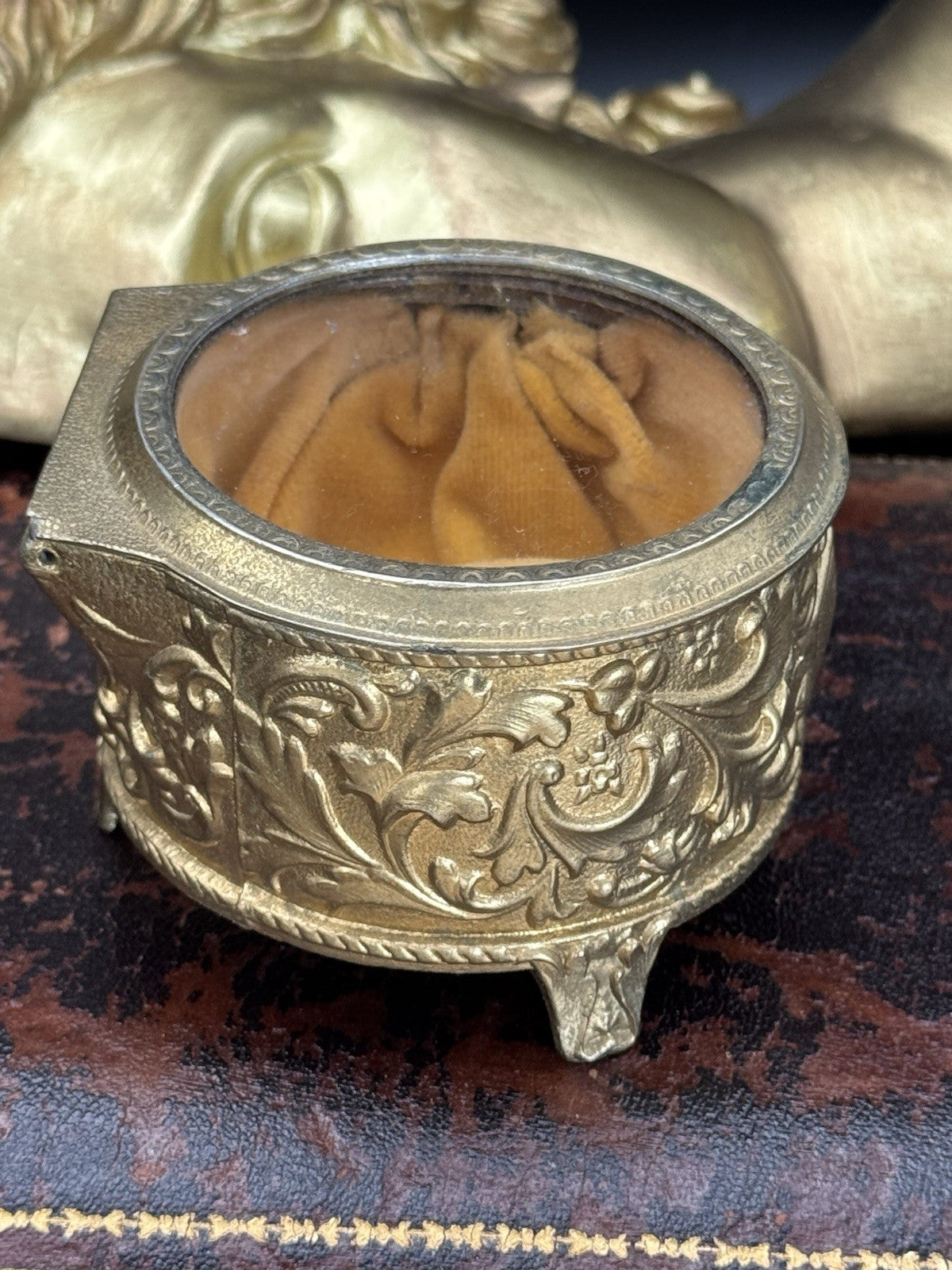 Vintage Gilt Jewelry Casket Glass Lid Velvet Lining ESTATE FIND