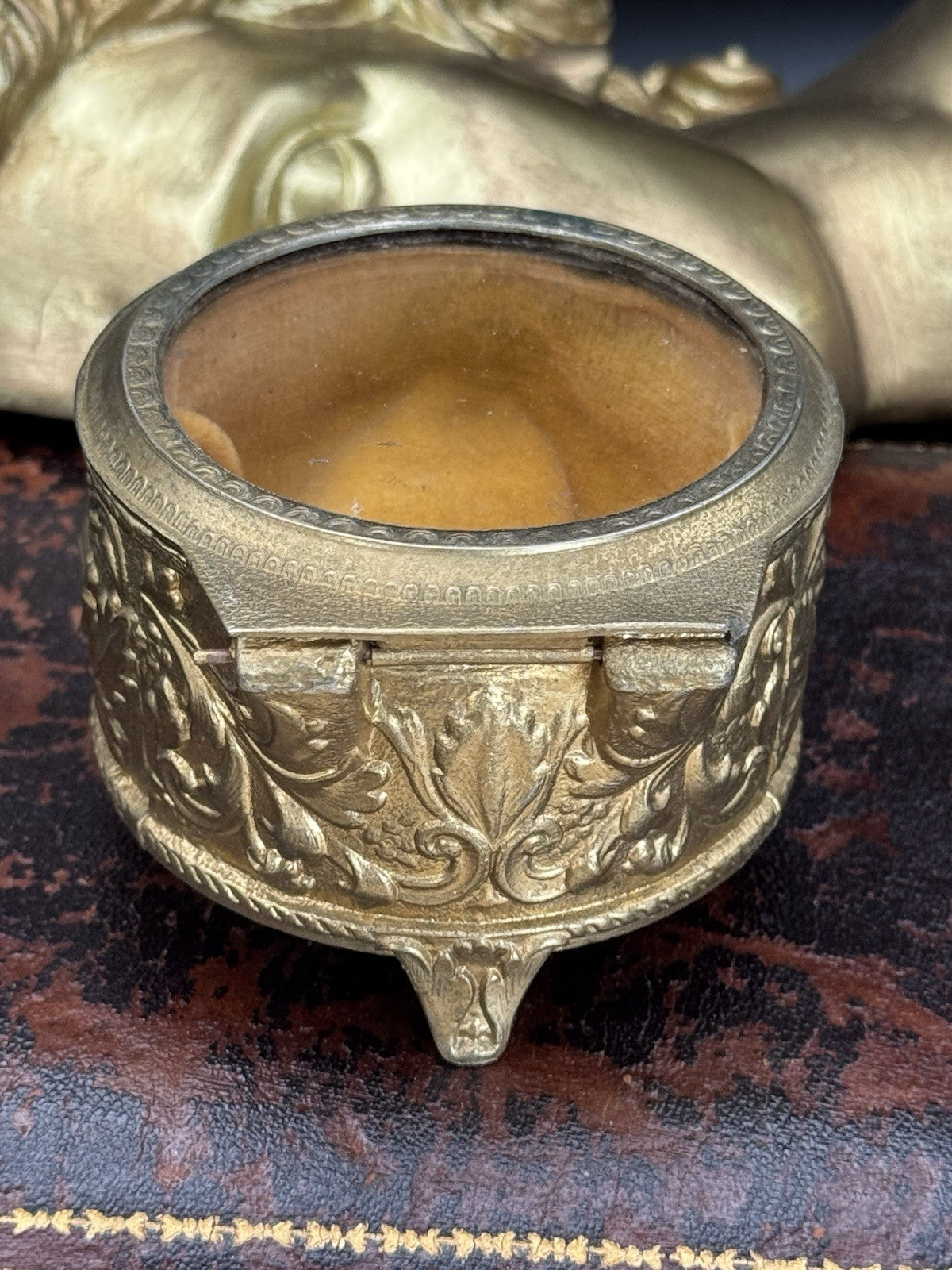 Vintage Gilt Jewelry Casket Glass Lid Velvet Lining ESTATE FIND