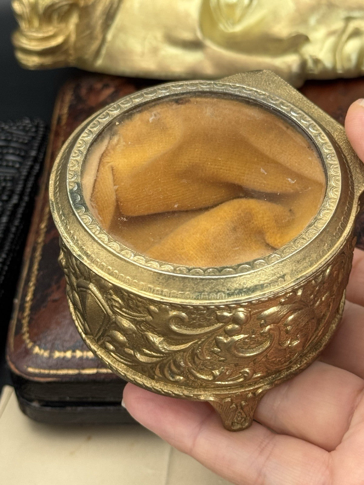 Vintage Gilt Jewelry Casket Glass Lid Velvet Lining ESTATE FIND