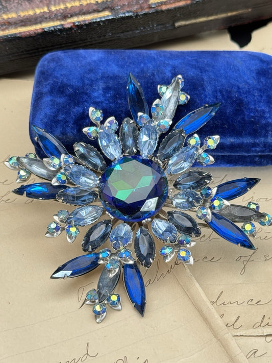 XXL  Blue Rhinestone AB Accents Brooch Star Bursts 3.75”d RARE ESTATE FIND