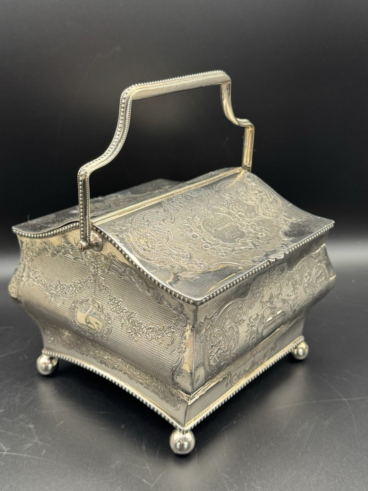 Antique Sheffield Silver Plate Double Biscuit Box – 1889 Marriage Presentation