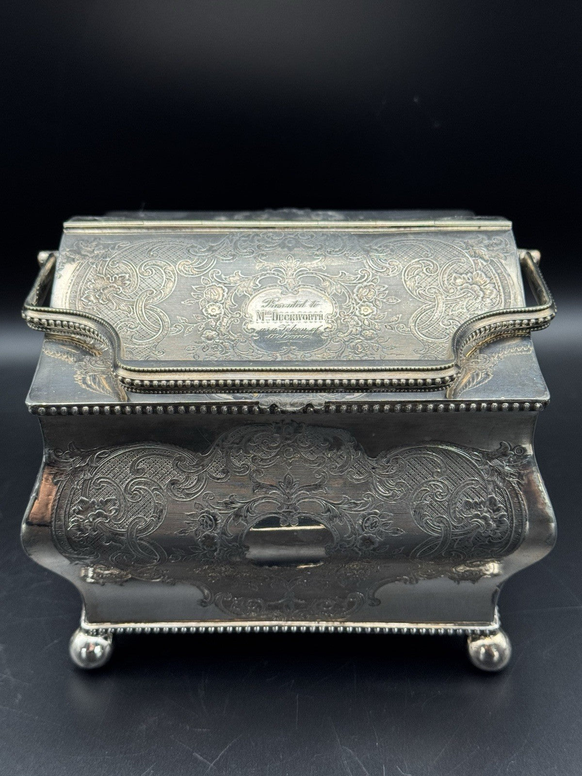 Antique Sheffield Silver Plate Double Biscuit Box – 1889 Marriage Presentation