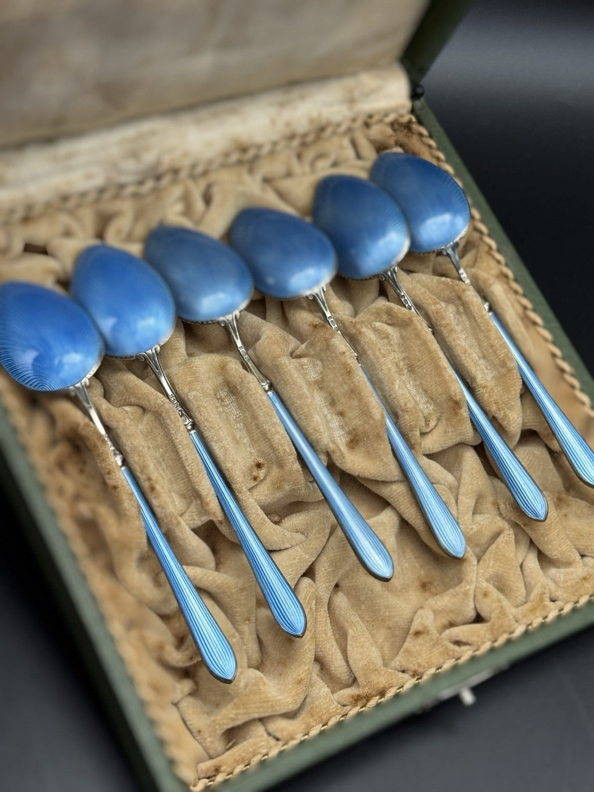 6 Edwardian STYLE  BLUE Guilloche Sterling Silver Demitasse Spoons w/ Box