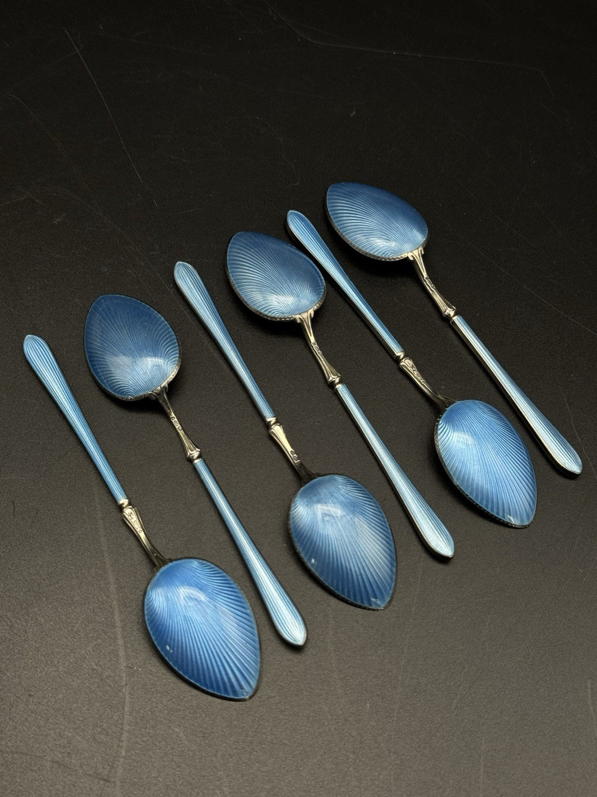 6 Edwardian STYLE  BLUE Guilloche Sterling Silver Demitasse Spoons w/ Box